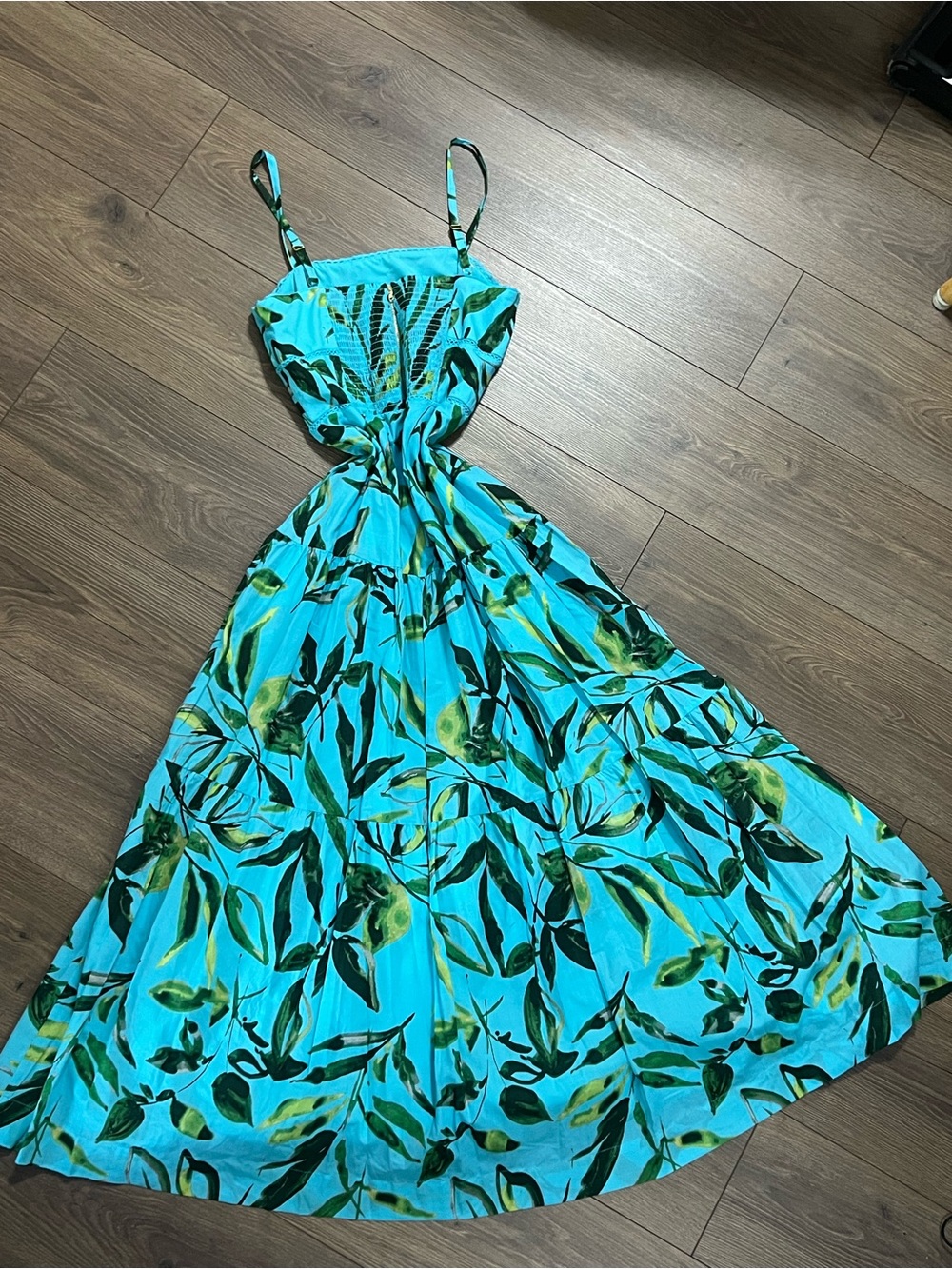 Taylor Aqua Tropical Leaf Smocked Tiered Sundress NWT Size 2 XS - Picture 4 of 8